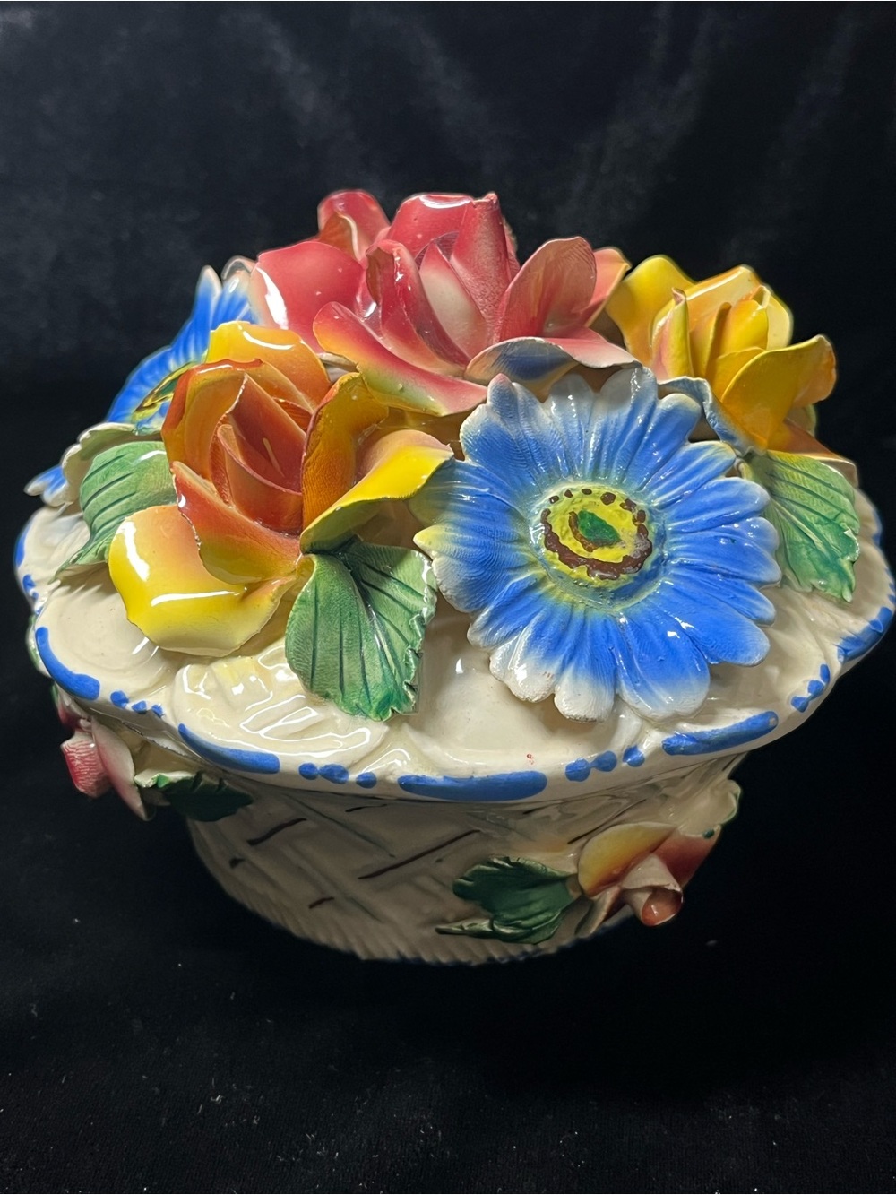 Vintage Capodimonte Style Italian Porcelain Floral Basket Lidded Trinket Bowl